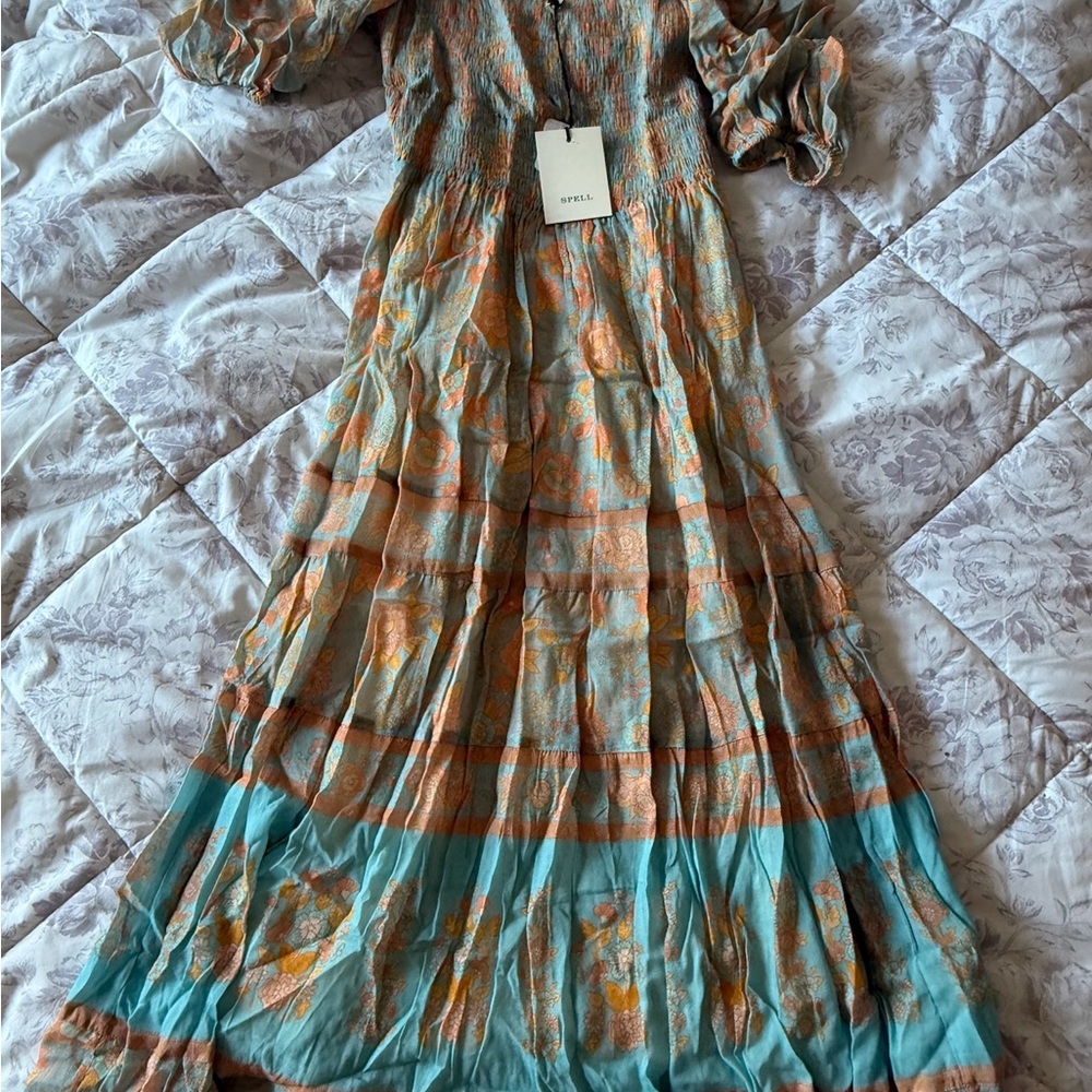 Spell Turquoise and Peach Midi Dress - Picture 7 of 7